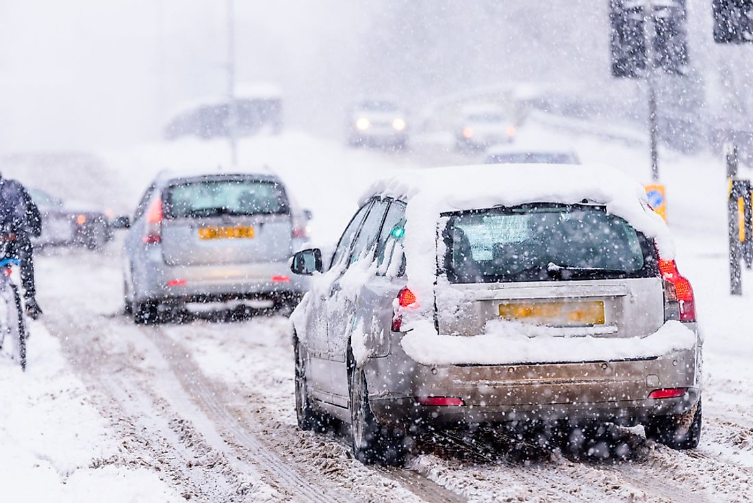 A snowstorm on a British highway. 