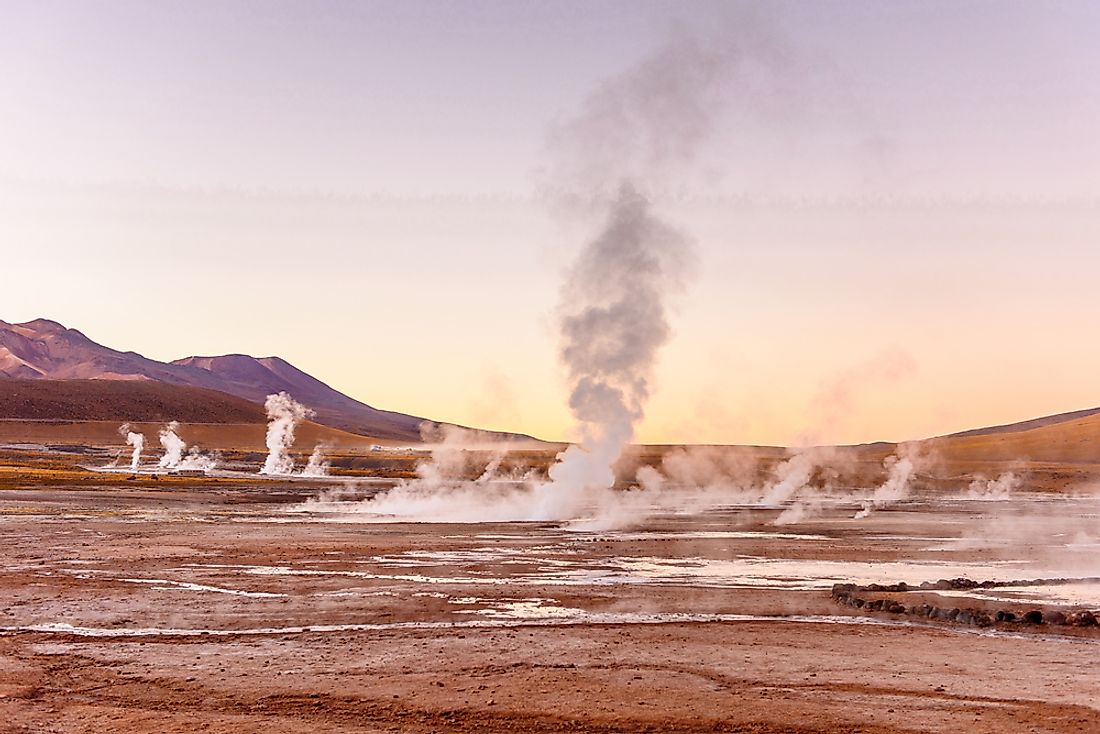 The El Tatio field is located at the base of stratovolcanoes within the Andes Mountains in the northern part of Chile.