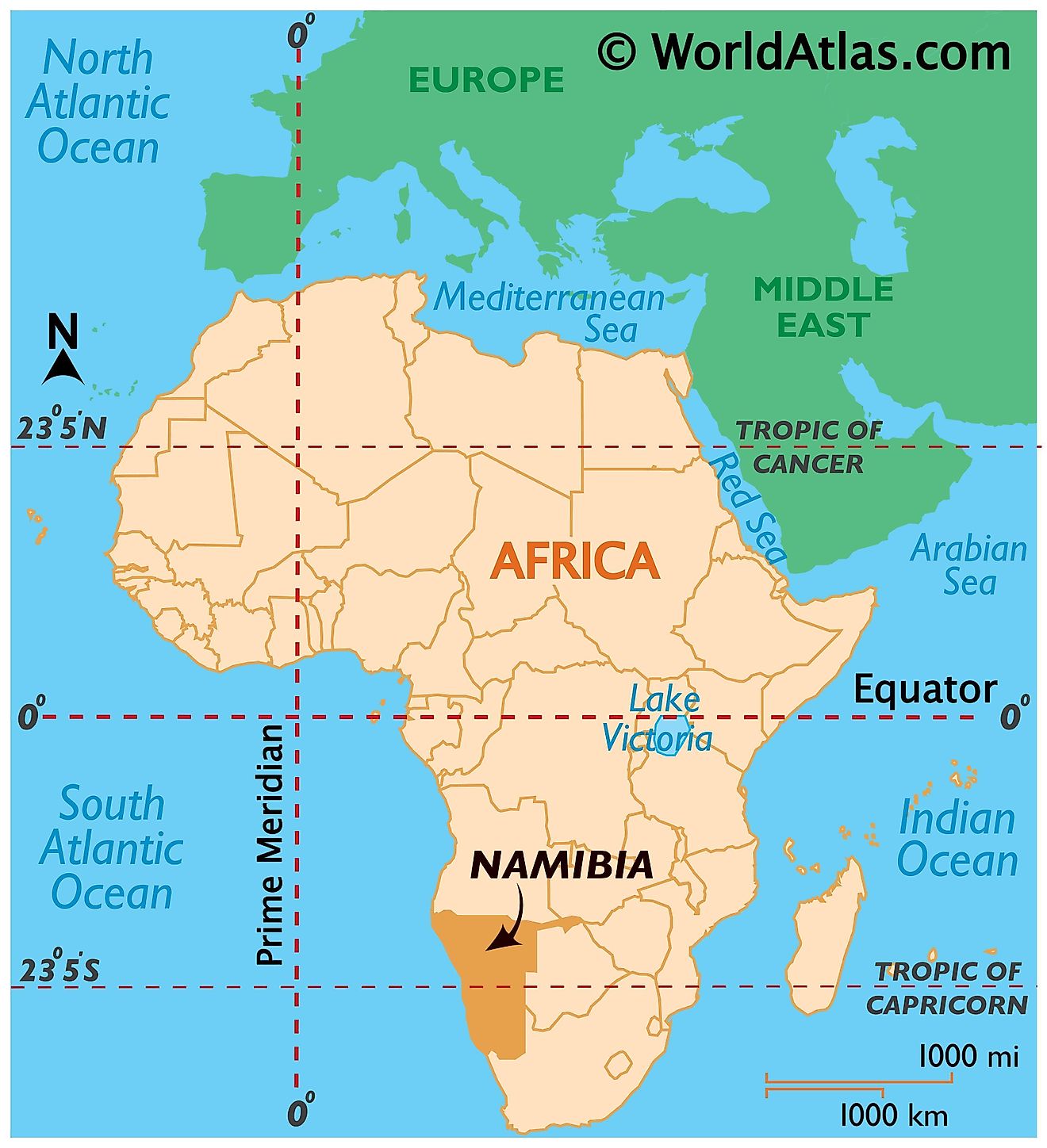 Map showing location of Namibia in the world.