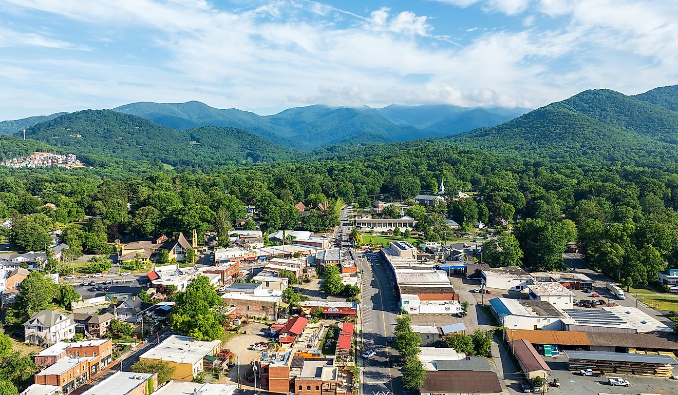 Aerial view of Black Mountain, NC, showcasing a charming town surrounded by lush green forests and mountainous landscape. Editorial credit: Red Lemon / Shutterstock.com