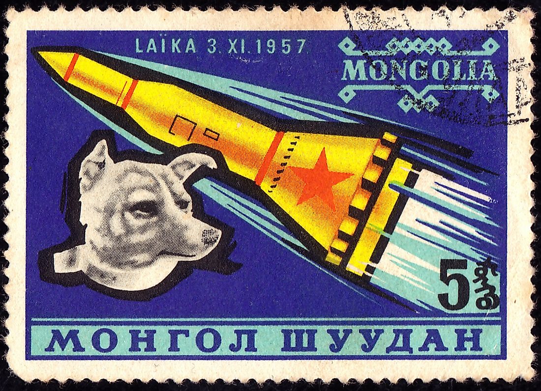 Stamp depicting Laika's trip to space aboard Sputnik 2. Editorial credit: Alexator / Shutterstock.com