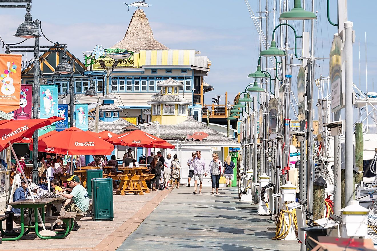 Destin, Florida: Harborwalk village city town with boardwalk at marina