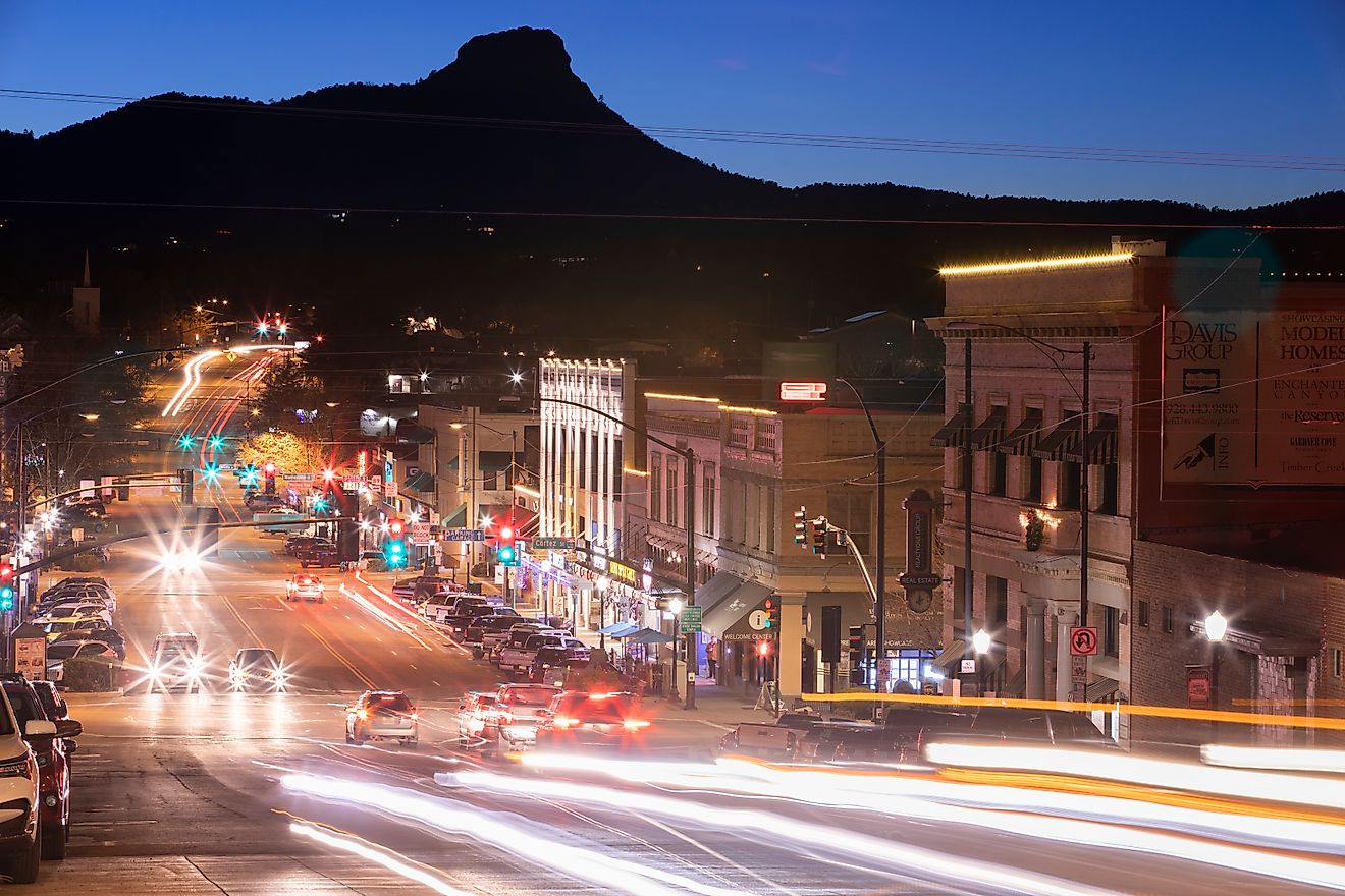 Prescott, Arizona, USA - January 9, 2022: Evening lights turn on as twilight descends on historic downtown Prescott. Image Credit: Matt Gush via Shutterstock