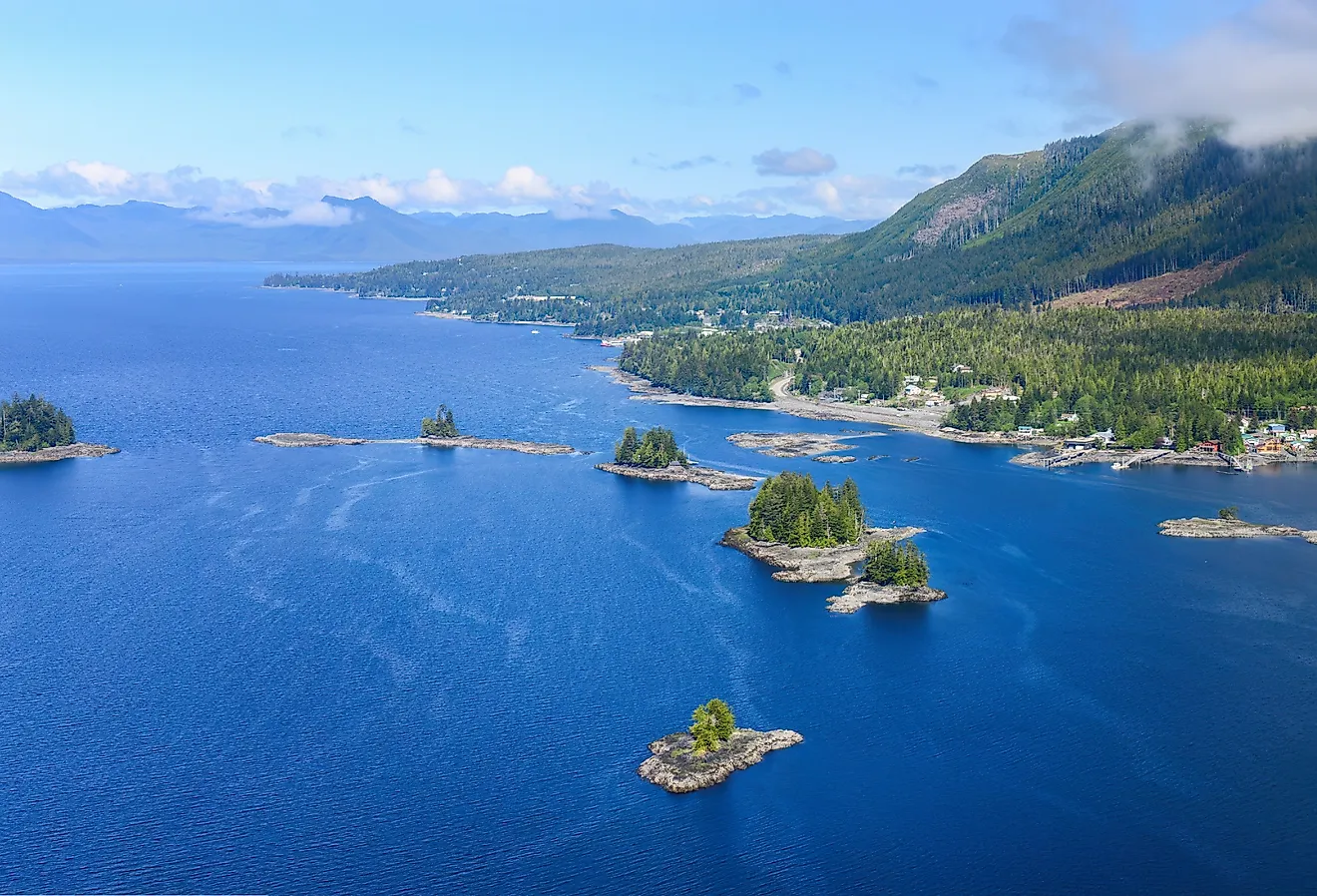 Aerial view of small islands at Misty Fjords National Monument, Alaska.