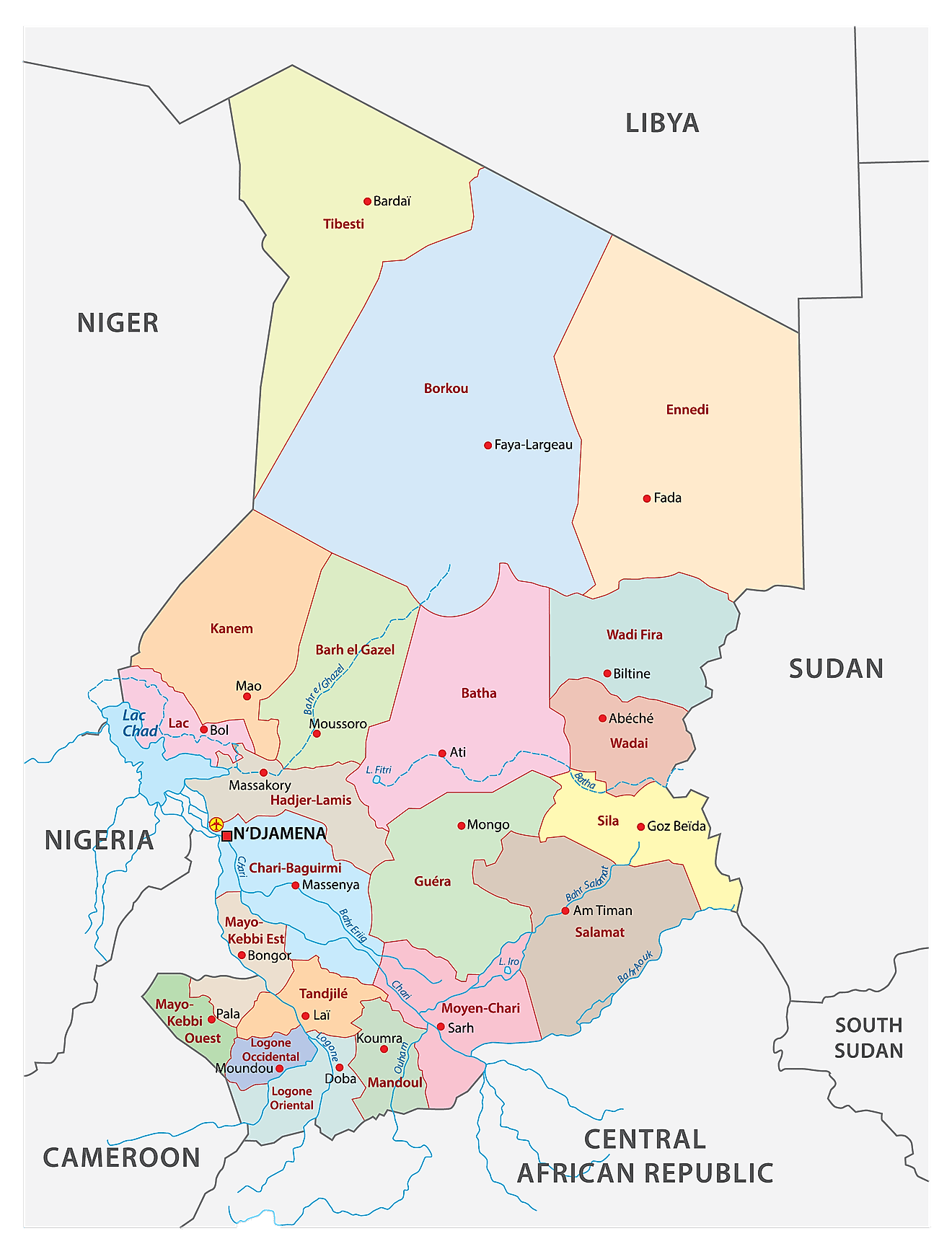 Political map of Chad showing the 23 regions of the country, their capital cities including the national capital of N’Djamena.