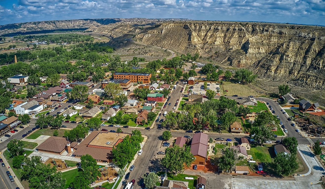 Aerial view of the tourist town of Medora, North Dakota outside of Theodore Roosevelt National Park.