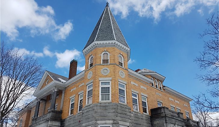 The library and theater as it sits upon the Quebec-Vermont (Canada-U.S.A.) border.