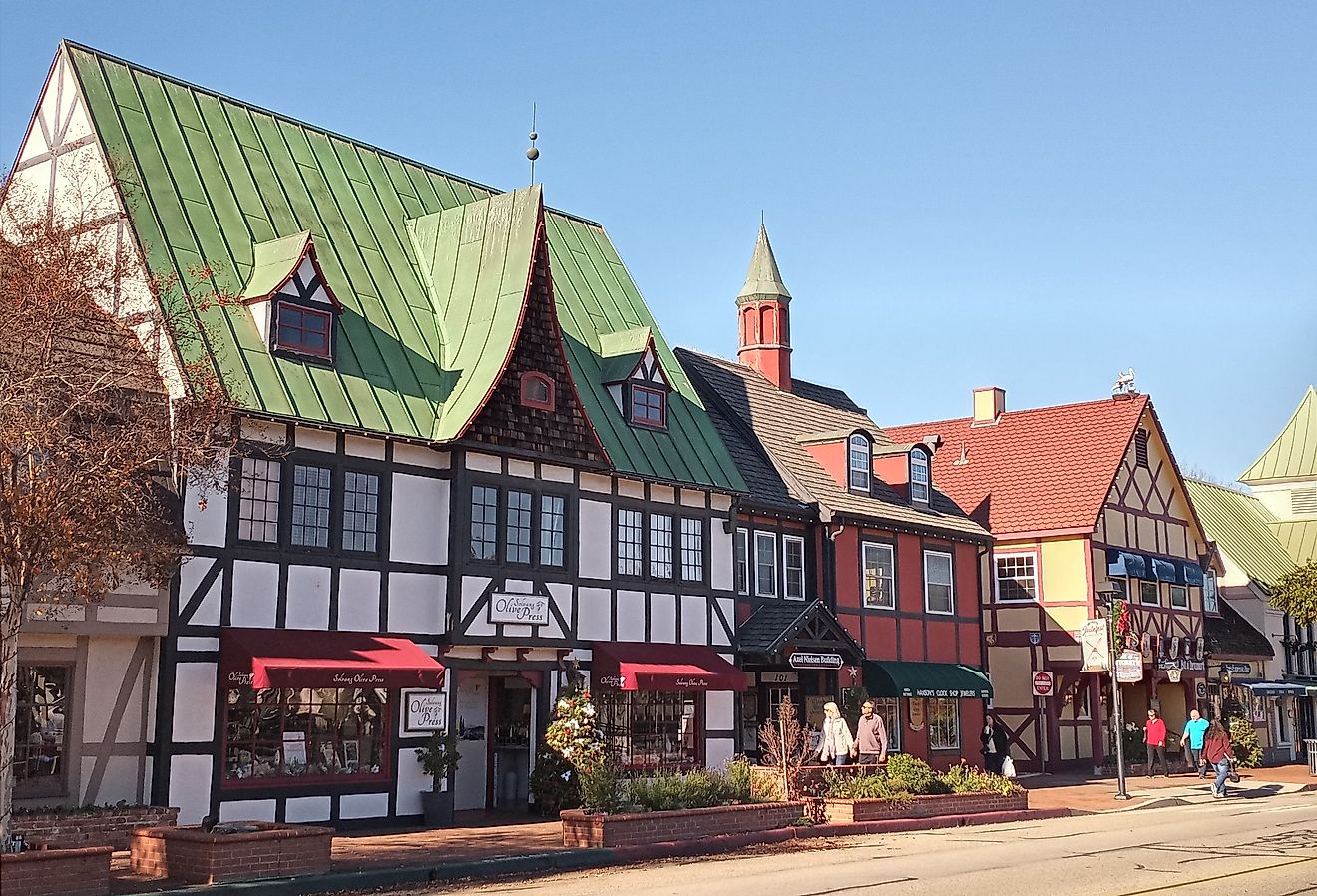 Historic Danish Style architecture in downtown Solvang, California.