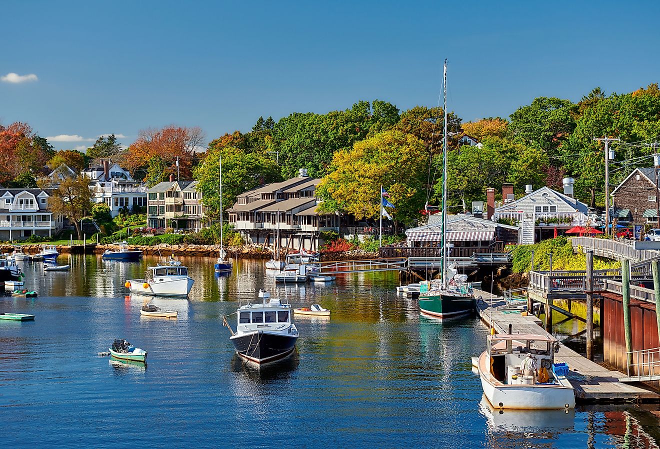 Fishing boats docked in Perkins Cove, Ogunquit, on the coast of Maine south of Portland.