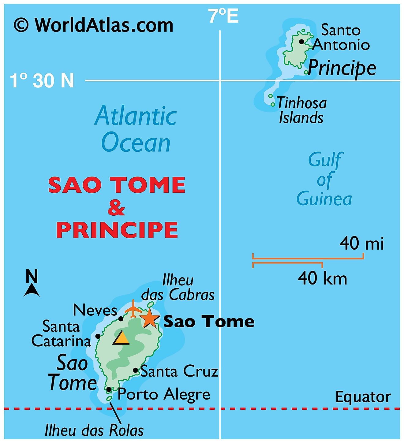 Physical map of Sao Tome and Principe showing its main islands, surrounding bodies of water, relief, and relative position of major cities.