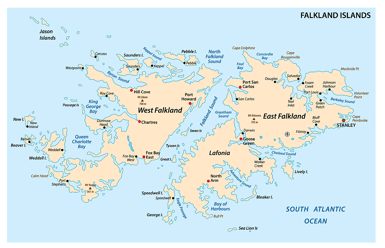 Falkland Islands map showing islands, capital city Stanley, and other important cities.