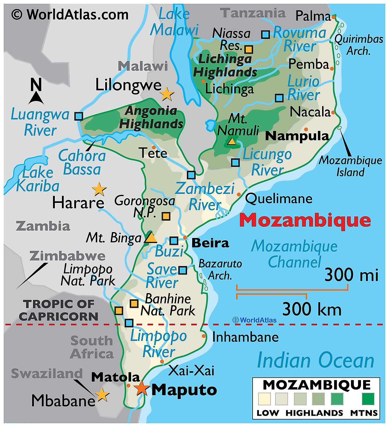 Physical Map of Mozambique with state boundaries. The physical map shows the relief, major mountain ranges, peaks, rivers, lakes, etc.