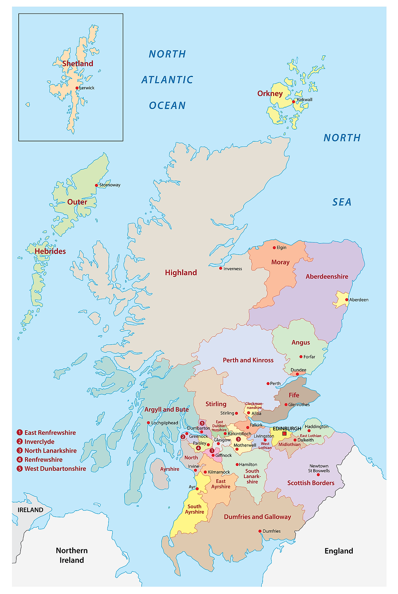 Administrative Map of Scotland showing its various council areas and its capital city - Edinburgh