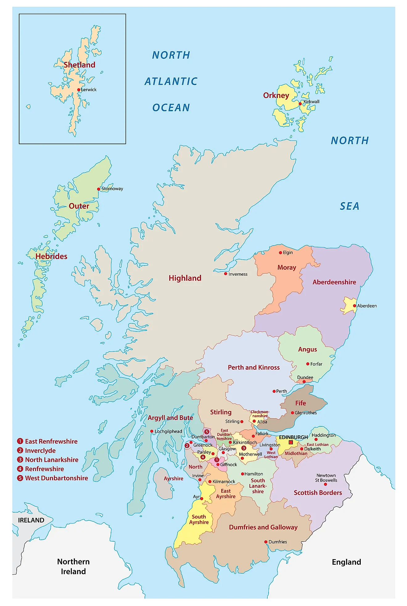 Administrative Map of Scotland showing its various council areas and its capital city - Edinburgh