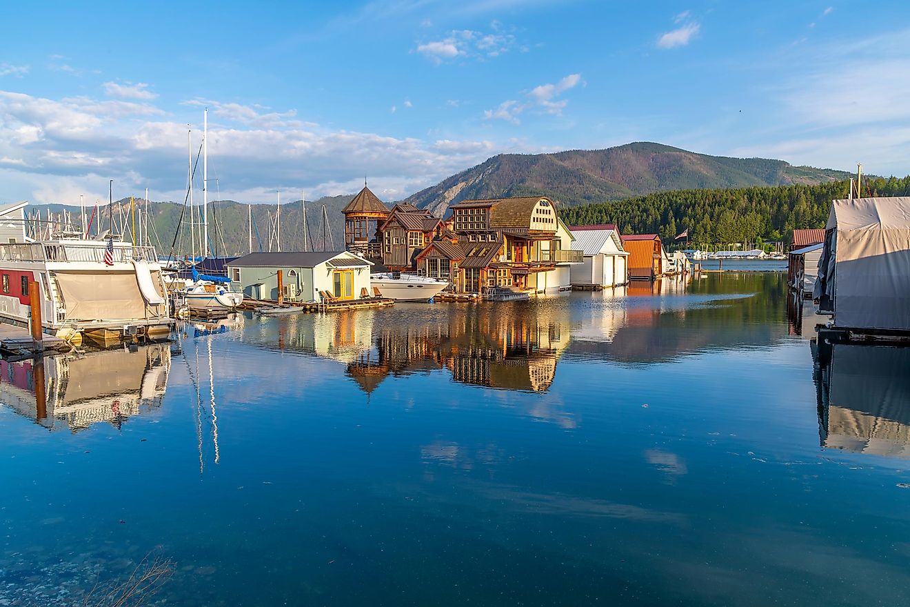 Row of boathouses and float homes at a marina on Lake Pend Oreille in Bayview, Idaho, near Coeur d'Alene in Northern Idaho.