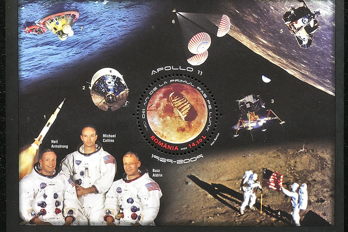 Commemorative stamp of the Apollo 11 moon landing. Editorial credit: paulinux / Shutterstock.com