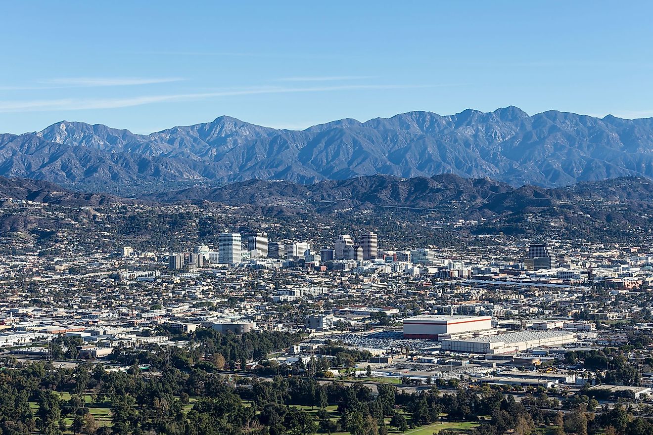 Aerial view of Downtown Glendale and San Gabriel Mountains in Los Angeles County, California. 