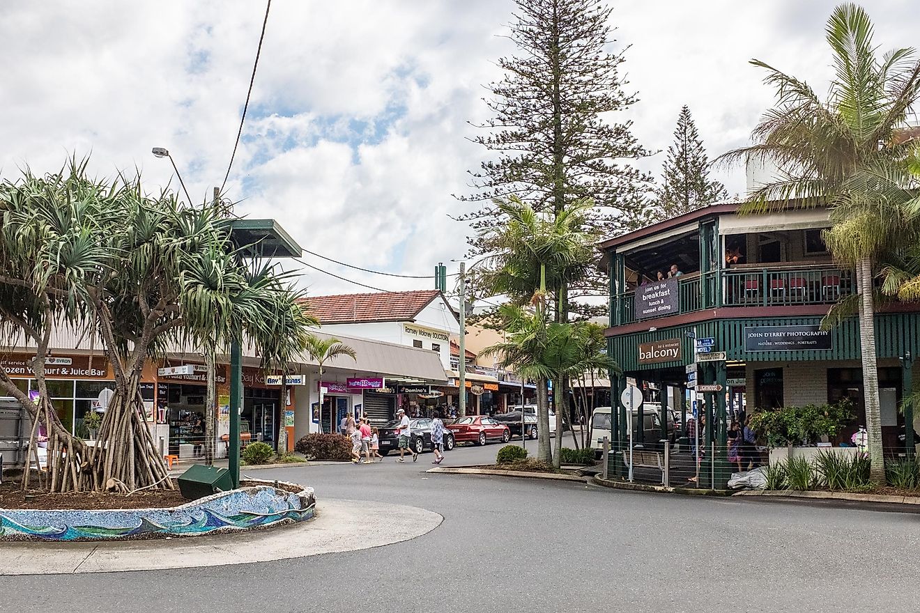 Shops and businesses in the centre of Byron Bay, NSW, Australia.
