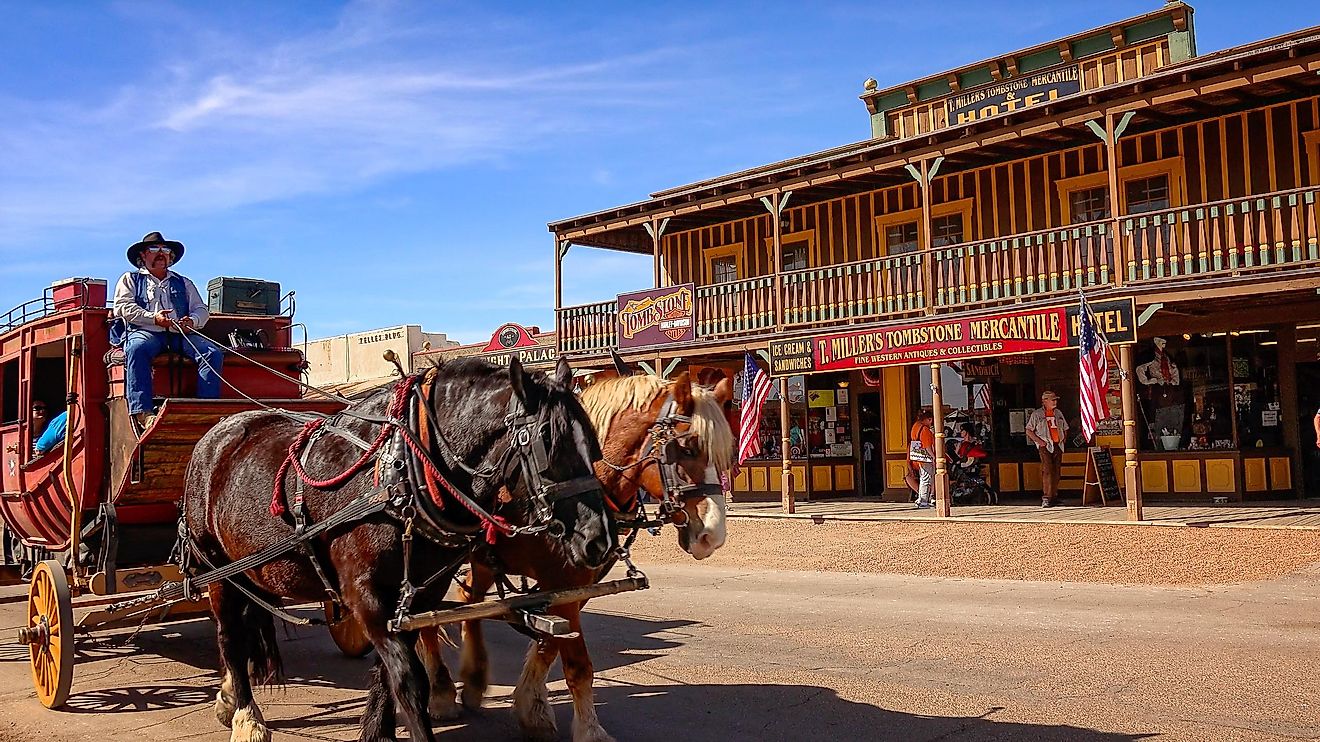 TOMBSTONE, ARIZONA - MARCH 20: A stagecoach filled with tourists travels the historic streets of Tombstone, Arizona on March 20th, 2016.