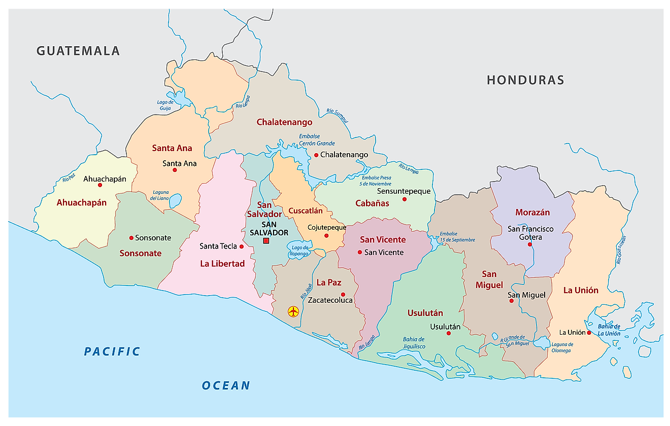 Mapa Político de El Salvador mostrando sus 14 departamentos y la capital San Salvador
