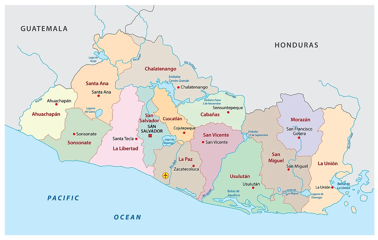 Political Map of El Salvador showing its 14 departments and the capital San Salvador