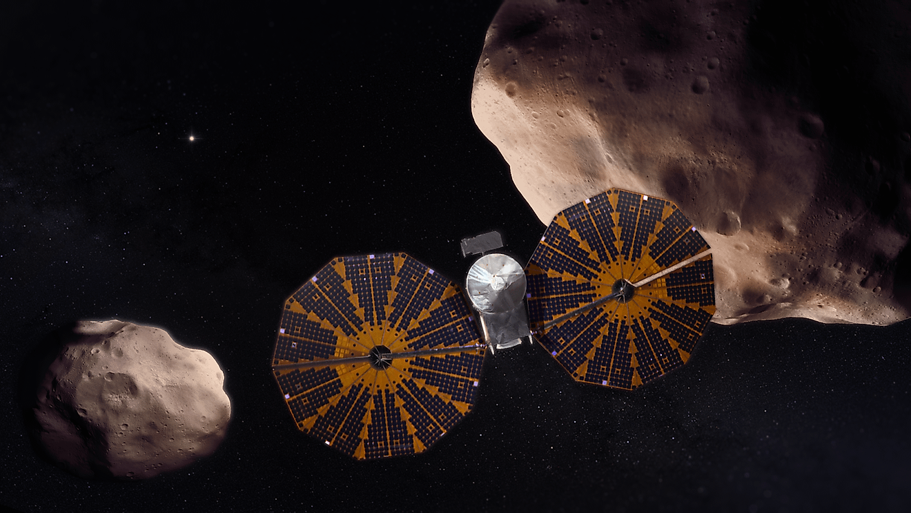 Artist rendering of the Lucy mission to explore Jupiter's Trojan asteroids. NASA’s Goddard Space Flight Center/Conceptual Image Lab/Adriana Gutierrez, Public domain, via Wikimedia Commons