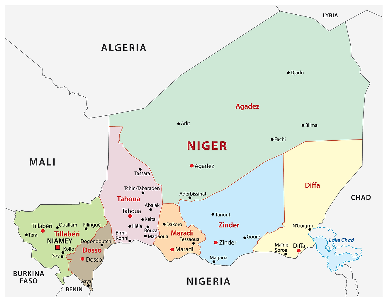 Political Map of Niger representing the 7 regions, their capitals, and the capital district of Niamey.