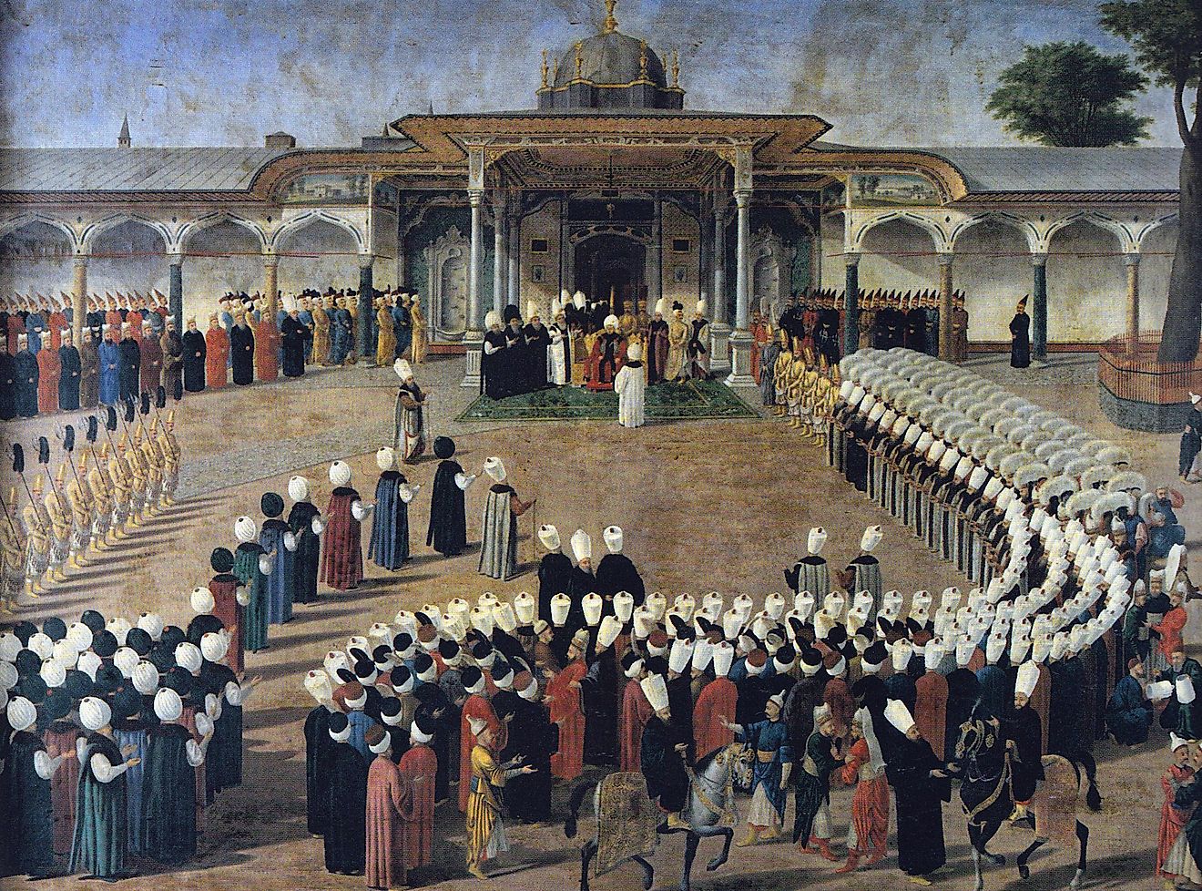 Selim III receiving dignitaries during an audience at the Gate of Felicity, Topkapı Palace. Painting by Konstantin Kapıdağlı.