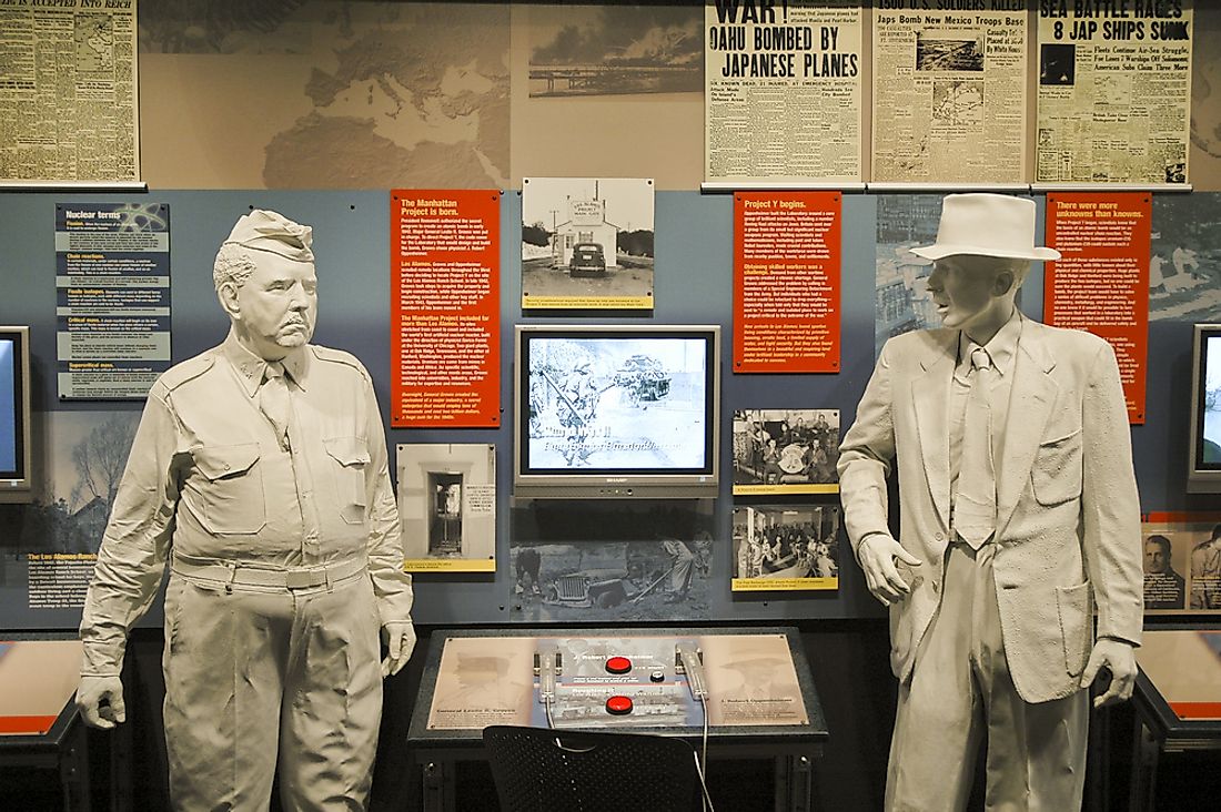 Statues of Physicist J. Robert Oppenheimer (right) and General Leslie R. Groves (left) at a museum display of the Manhattan Project. Editorial credit: Jeffrey M. Frank / Shutterstock.com