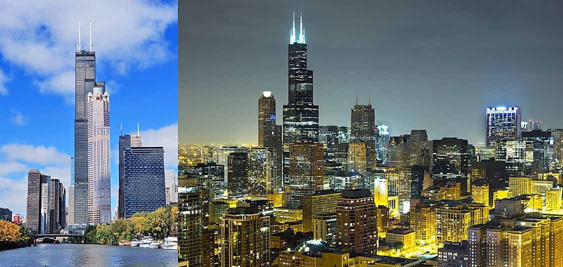Willis Tower (formerly Sears Tower) seen from Lake Michigan by day (left) and from downtown Chicago by night (right).