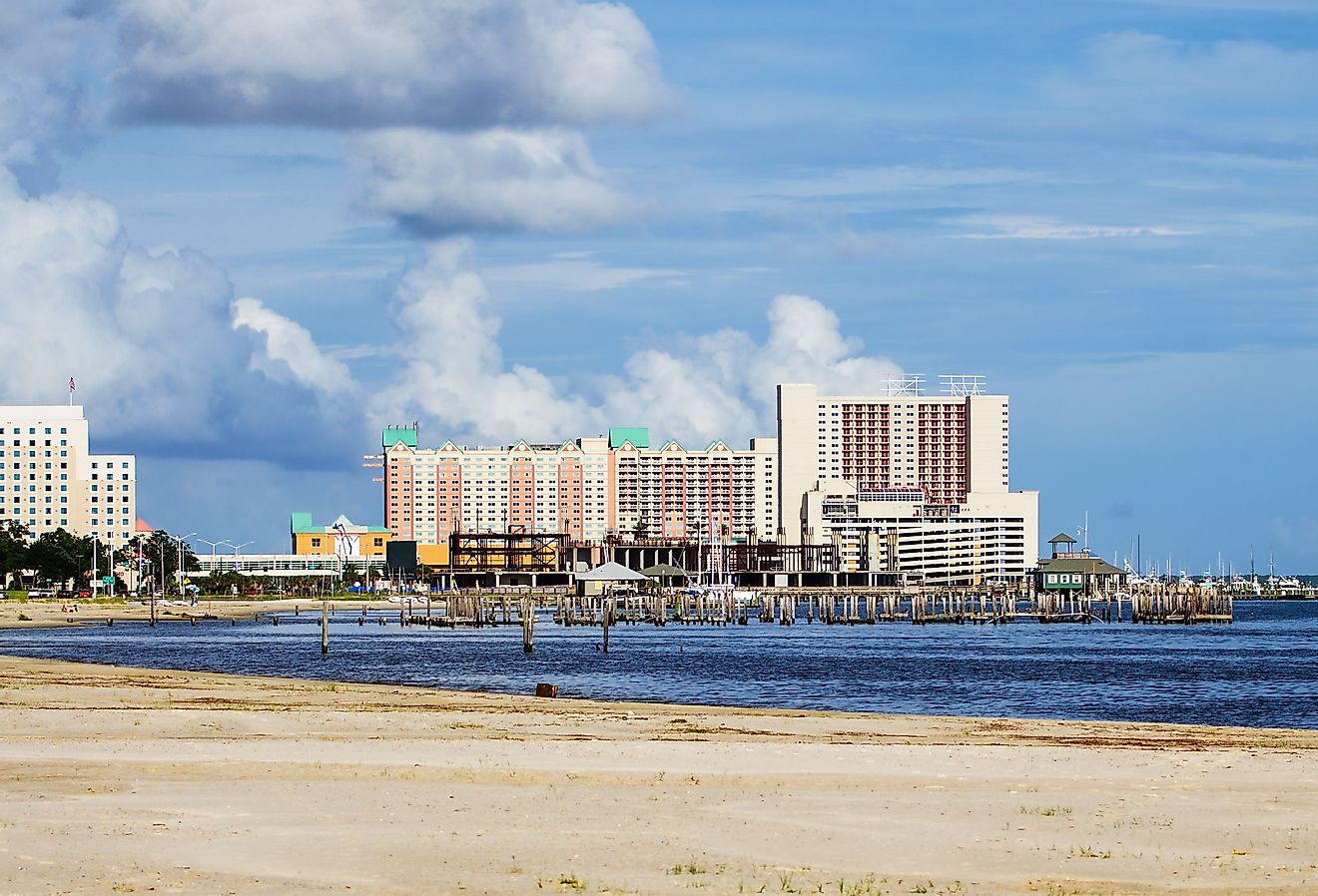 Biloxi, Mississippi, casinos and buildings along Gulf Coast shore.