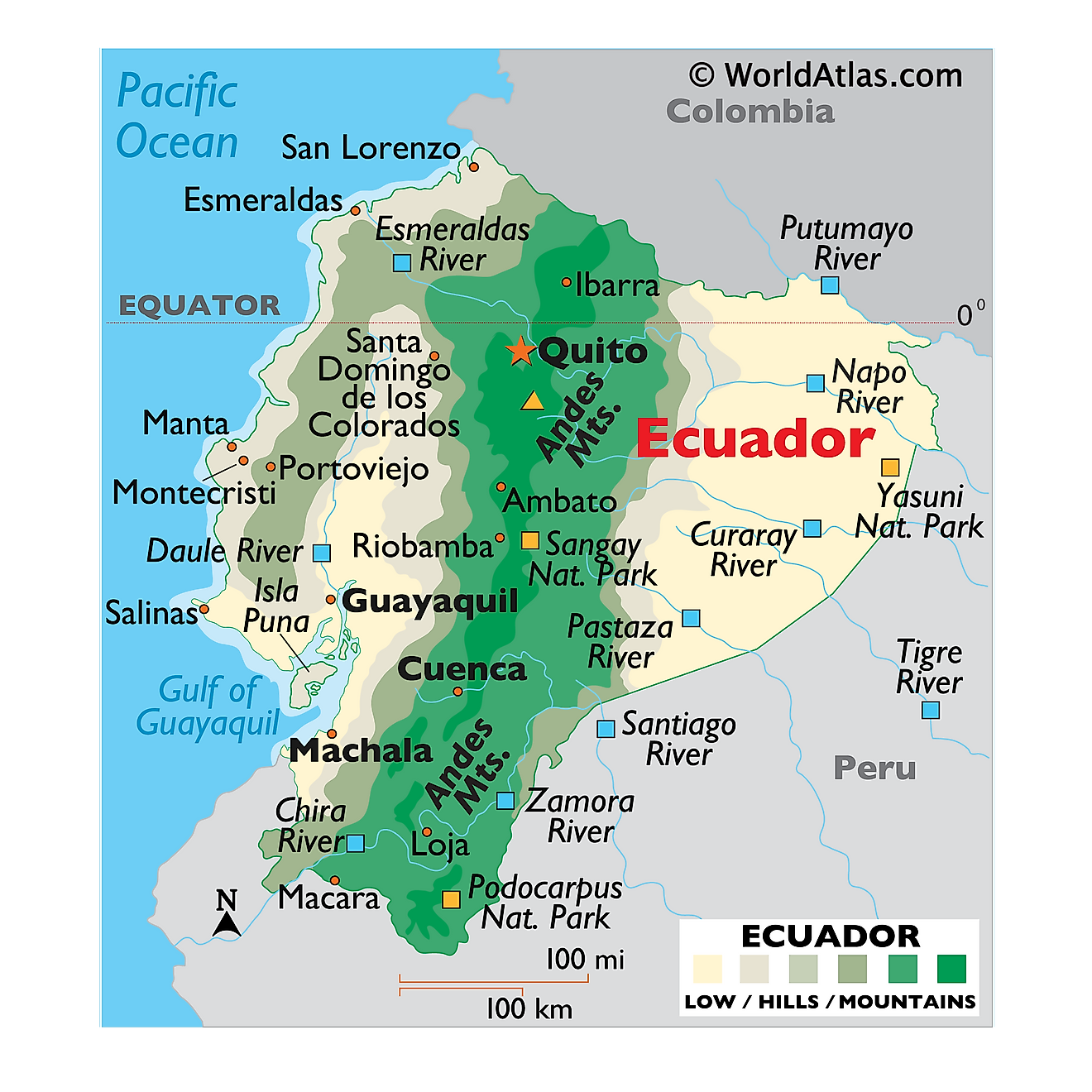 Mapa Físico del Ecuador mostrando relieve, ríos, cadenas montañosas, ciudades importantes, países limítrofes, y más.