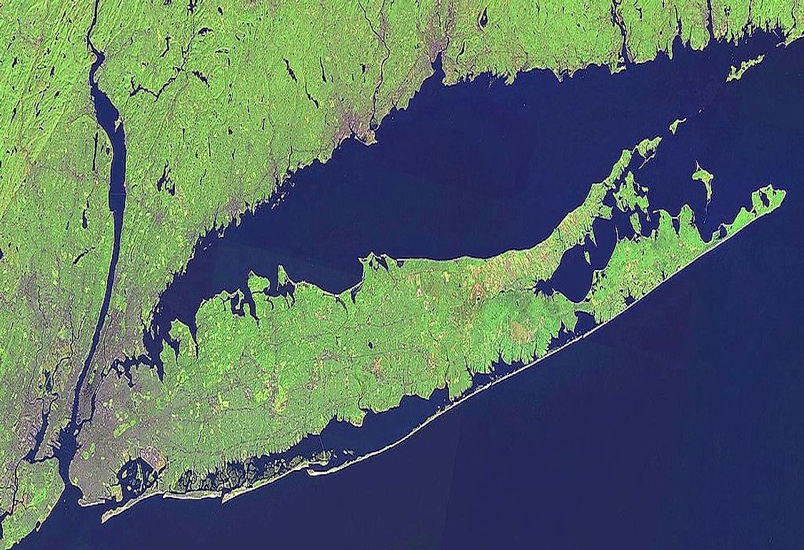  NASA Landsat satellite global mosaic image of Long Island, a barrier island.