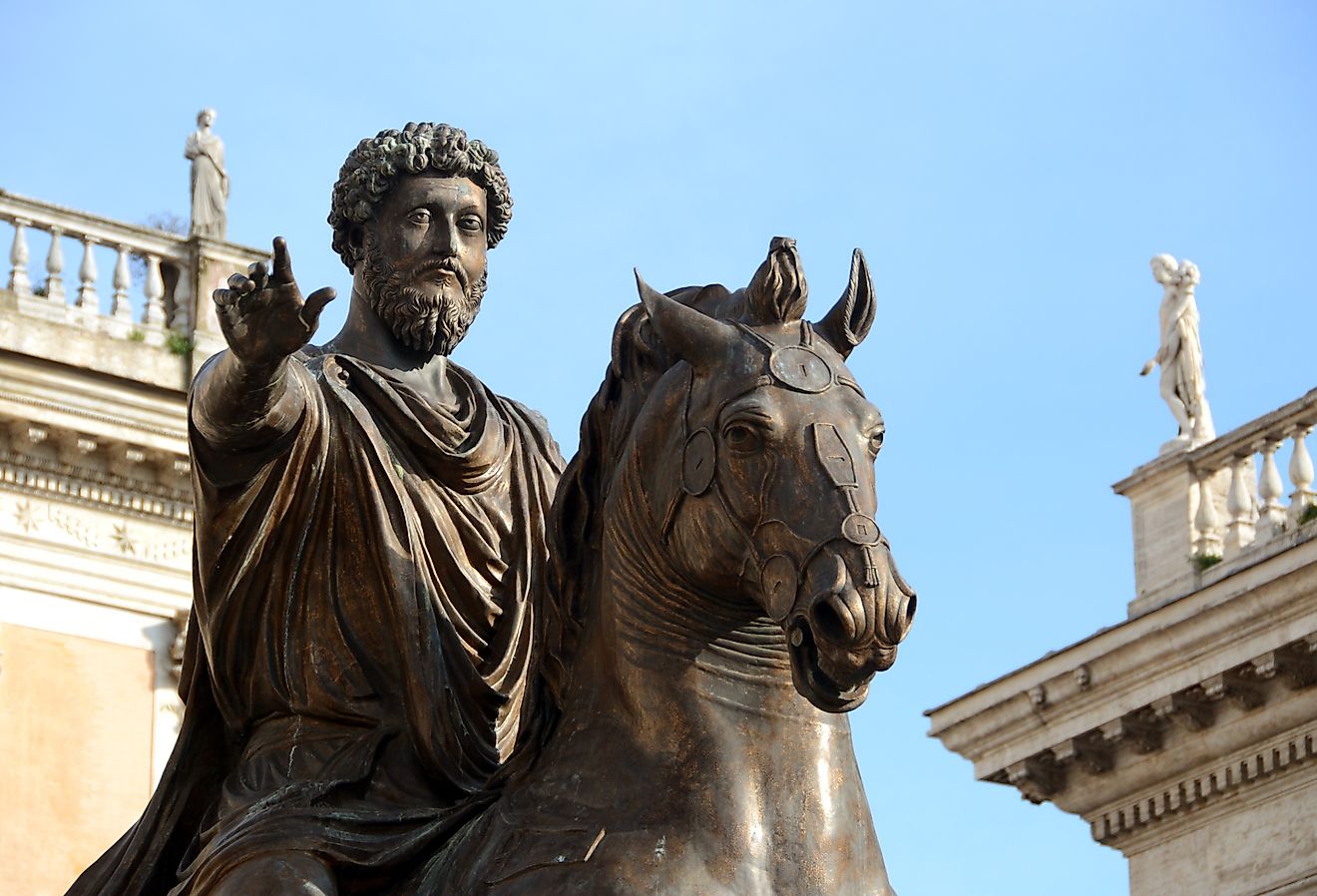 The equestrian statue of Marcus Aurelius, the Stoic philosopher in the Piazza del Campidoglio in Rome. Image credit EnricoAliberti ItalyPhoto via Shutterstock