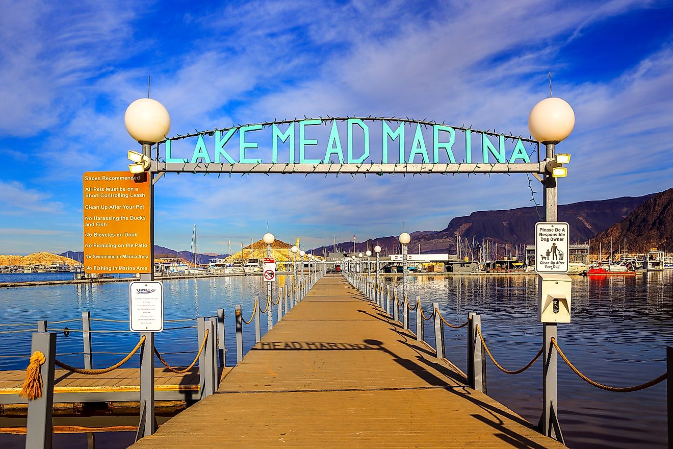 Entrance to Lake Mead Marina of Lake Mead National Recreation Area in Boulder City, Nevada.