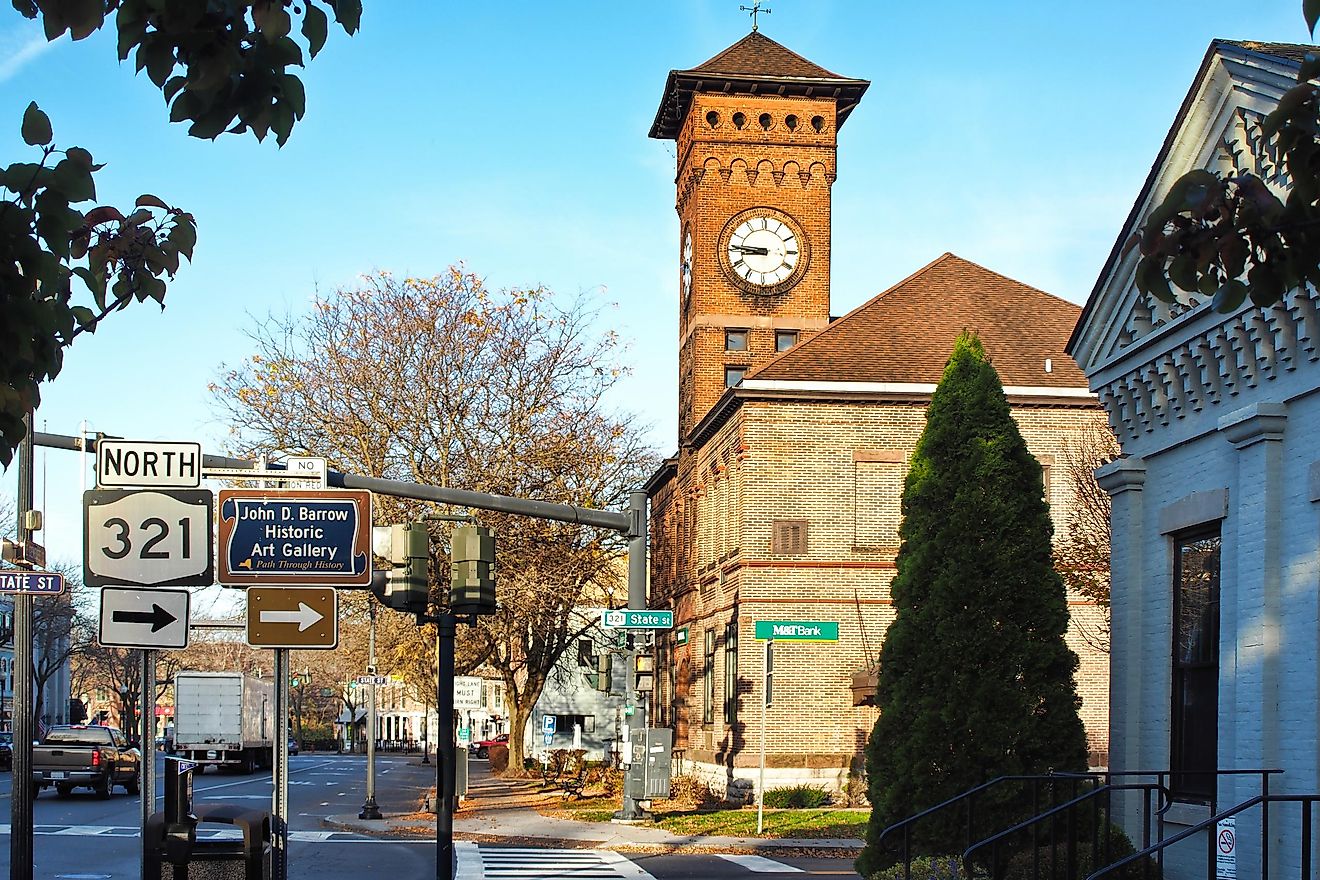 The village center of Skaneateles, New York on a quiet autumn morning via DebraMillet / iStock.com