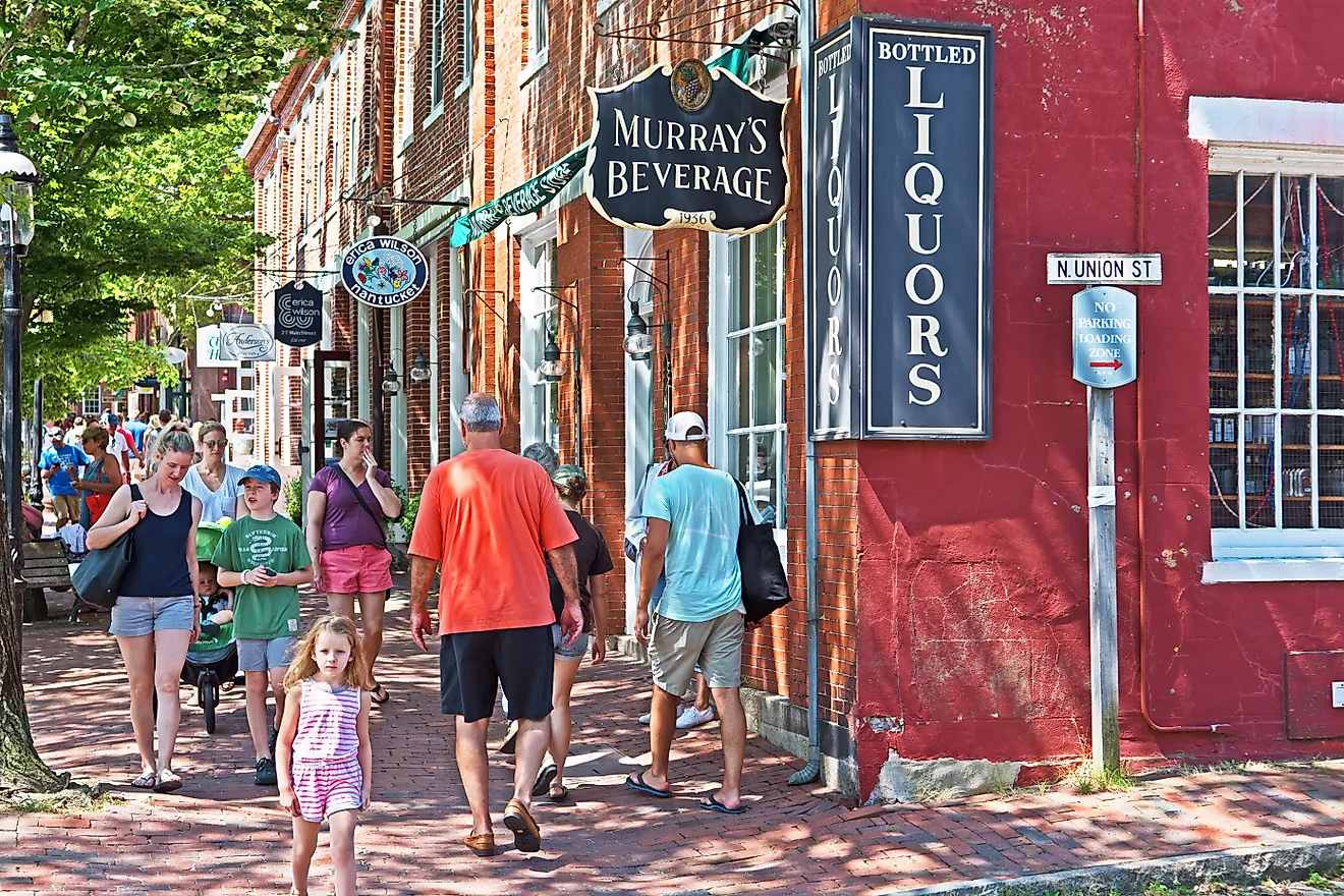 Town of Nantucket, Massachusetts is home to an eclectic range of shops including high end galleries, clothes shops, souvenir stores, a bookshop and a liquor store. Editorial credit: Mystic Stock Photography / Shutterstock.com