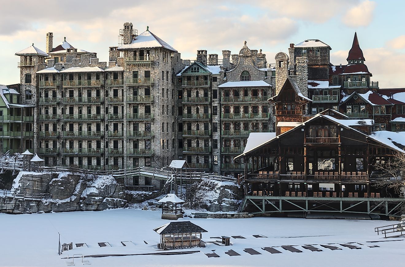 Historic Mohonk Mountain House hotel in New Paltz, New York during winter.