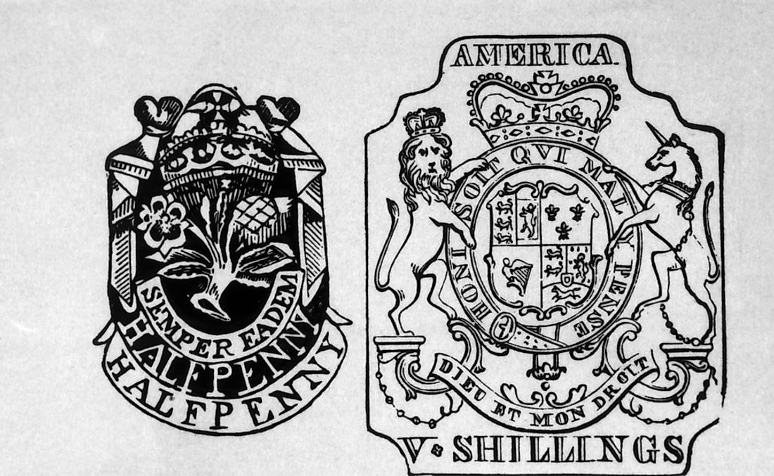 Tax stamps from the Stamp Act of 1765 by Britain on American colonies.