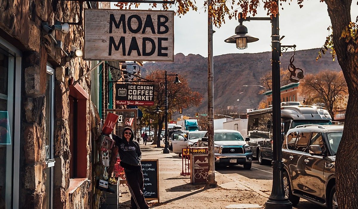 Downtown street and sidewalk in Moab, Utah.