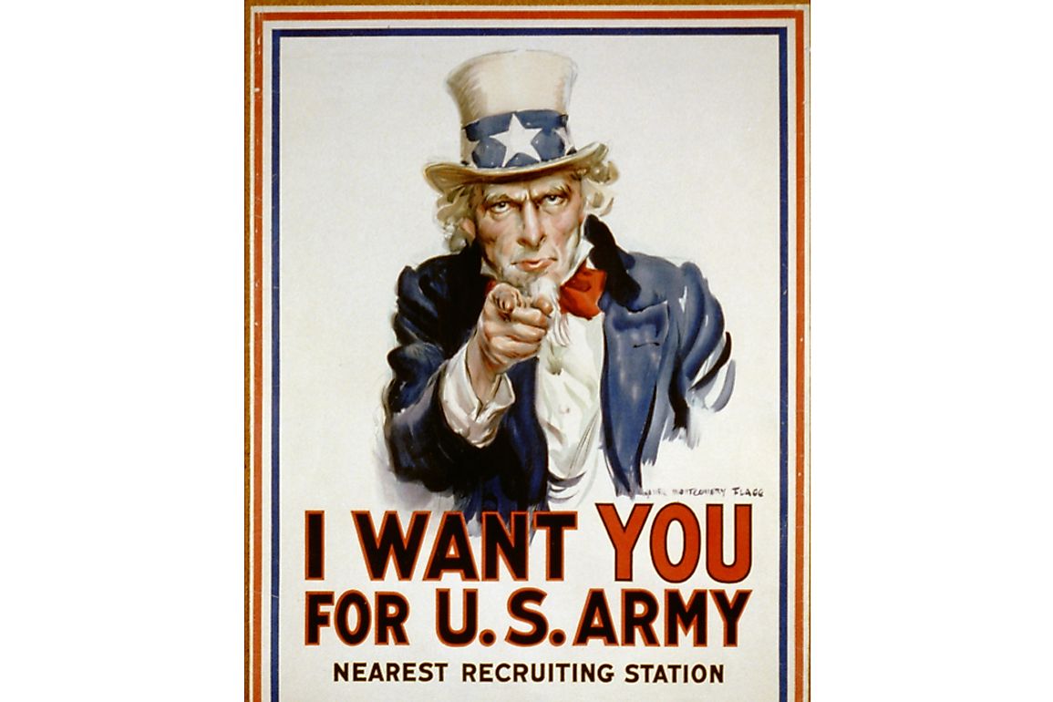 An old US Navy recruiting poster featuring Uncle Sam. 