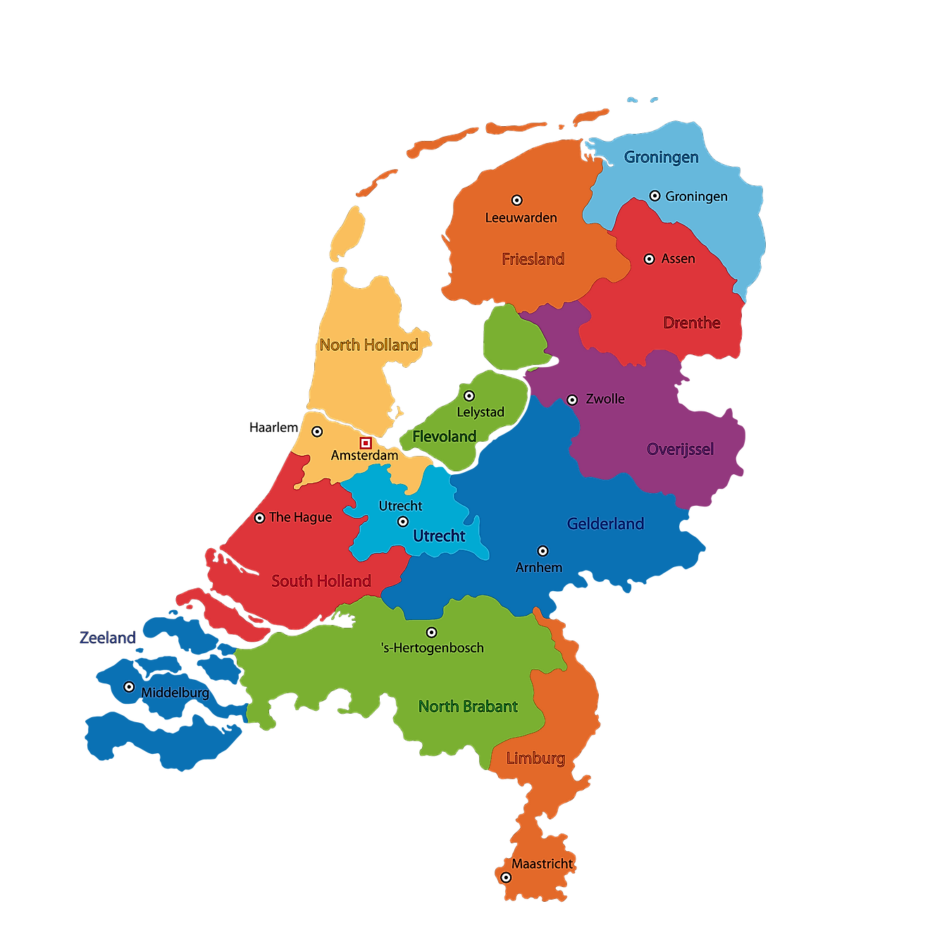 Mapa político de los Países Bajos que muestra sus 12 provincias y la ciudad capital de Ámsterdam