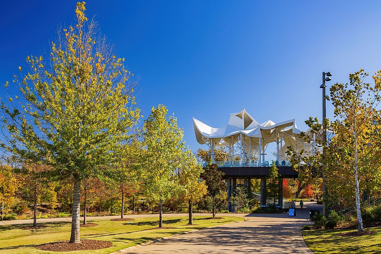 Beautiful fall color of the Gathering Place Park in Tulsa, Oklahoma. 