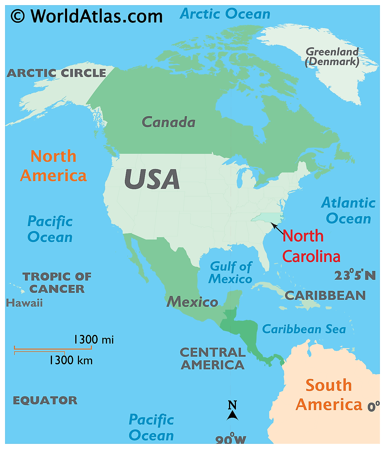 Map showing location of North Carolina in the world.