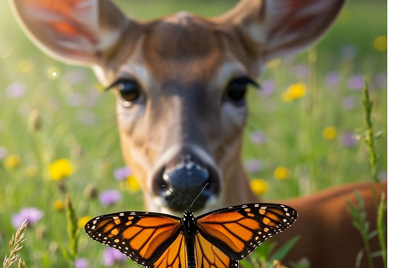AI-generated image of white-tailed deer and monarch butterfly via Shutterstock.