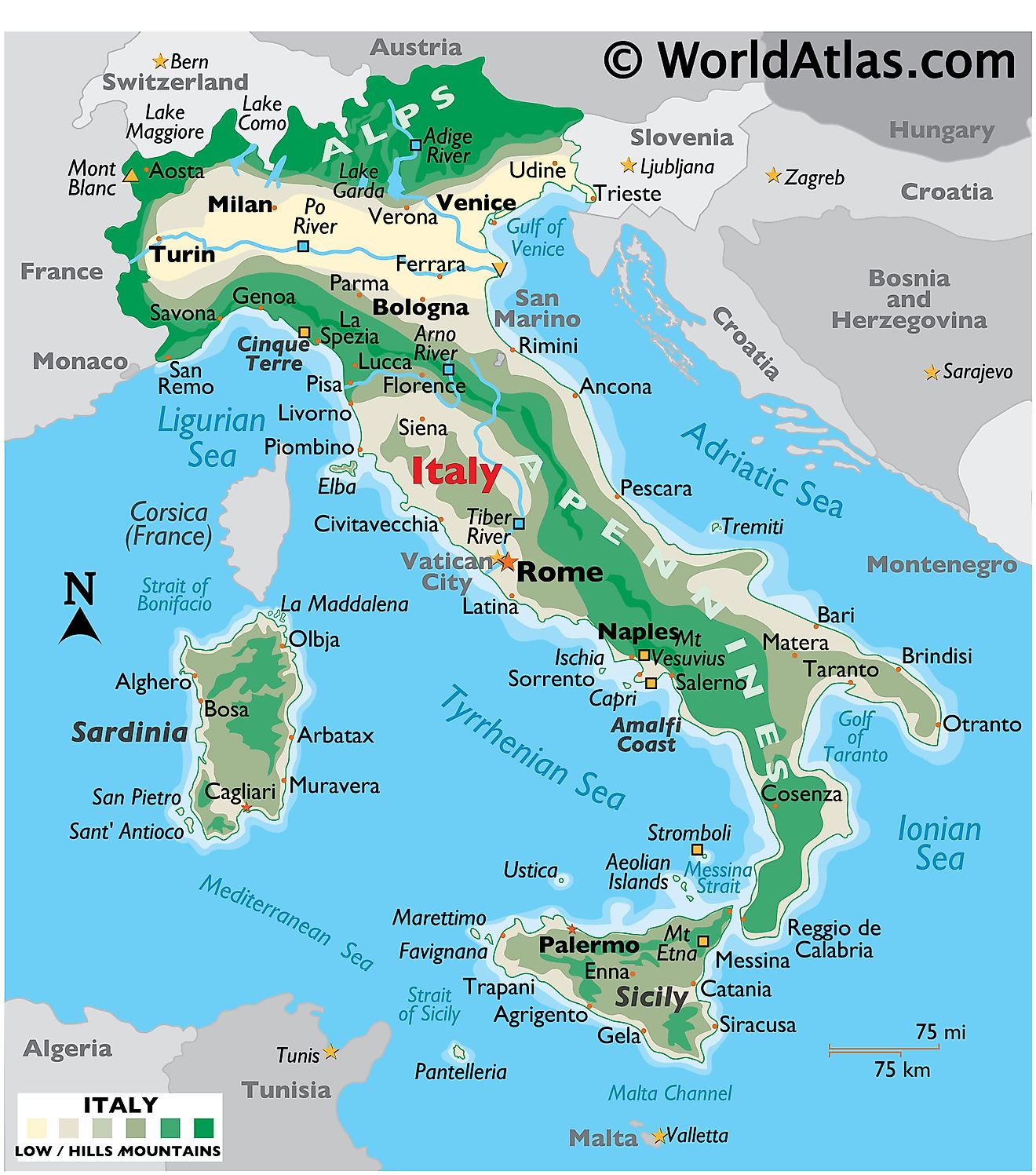 Mapa físico de Italia que muestra el terreno, las montañas, los puntos extremos, las islas, los ríos, las principales ciudades, las fronteras internacionales, etc.