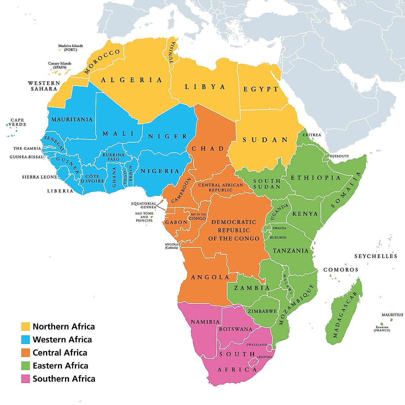 The five regions of Africa.