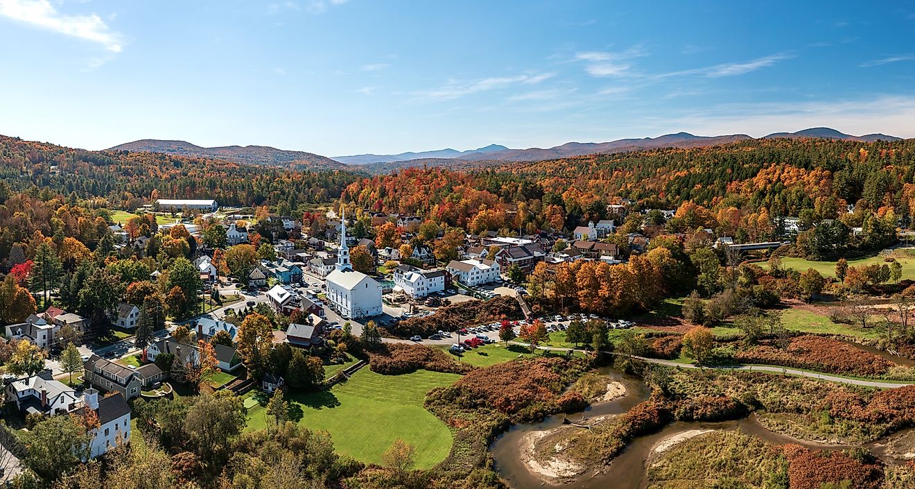 Aerial view of Stowe, Vermont, in fall.