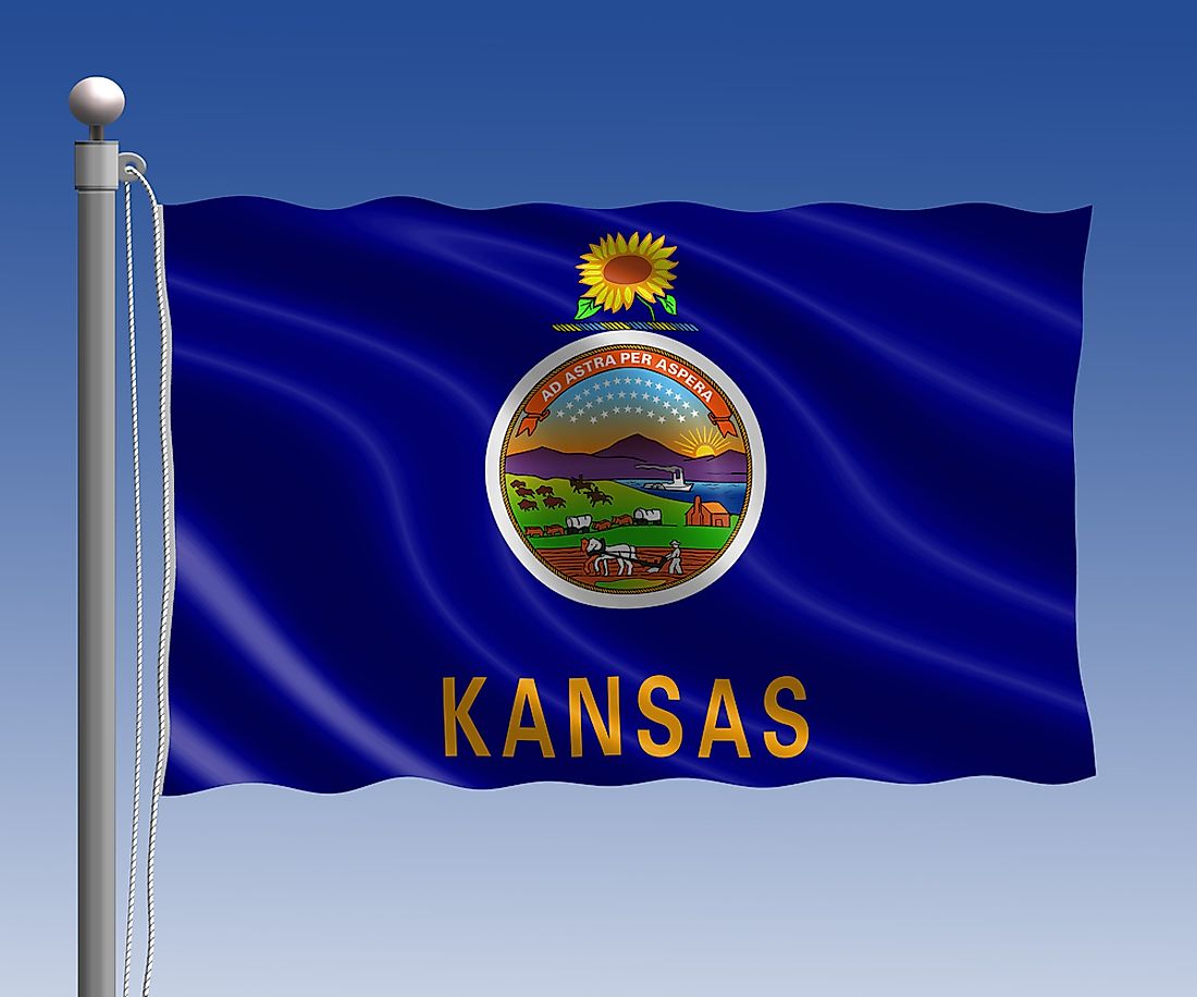 The major features of the Kansas state flag include the seal of the state and the state's flower, a sunflower.