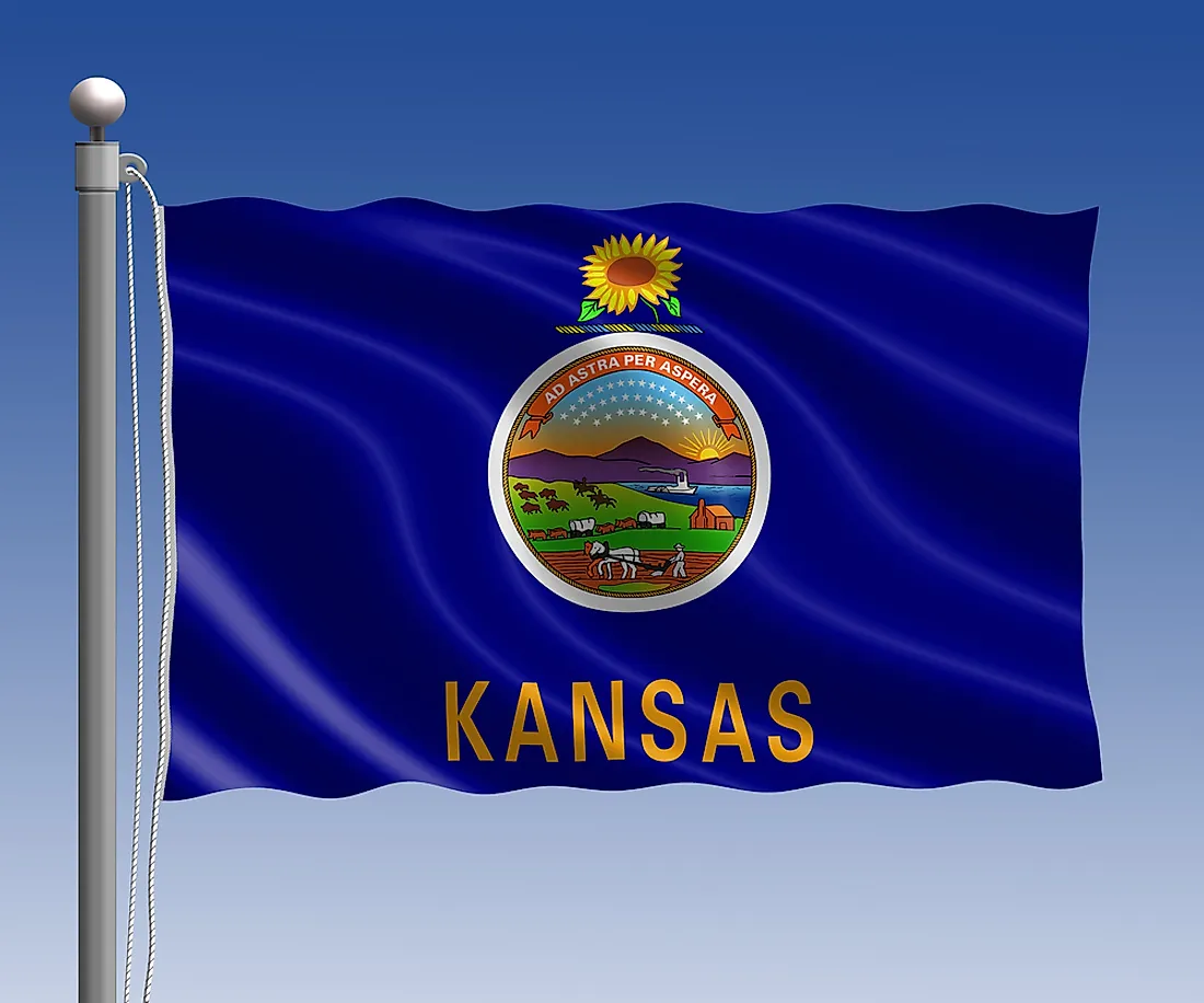 The major features of the Kansas state flag include the seal of the state and the state's flower, a sunflower.